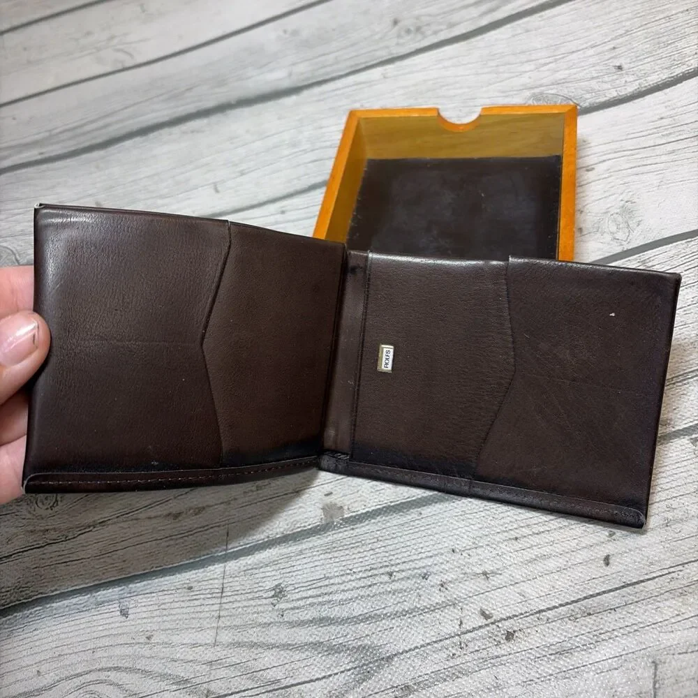 Vintage ROLFS Men's Bi-Fold Brown Wallet - Original Wooden Box Leather